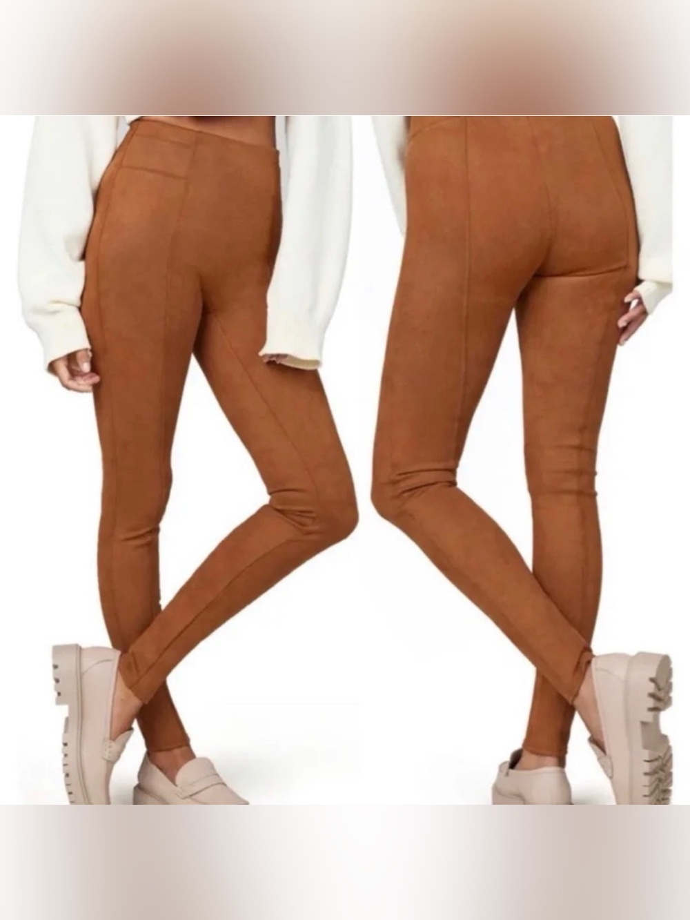 Spanx High-Waist Faux-Suede Leggings in Caramel/butterscotch brown